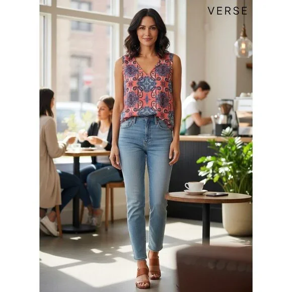 VERSE Sleeveless Coral Paisley Print Blouse With Split Neck Design Size M - Picture 5 of 14